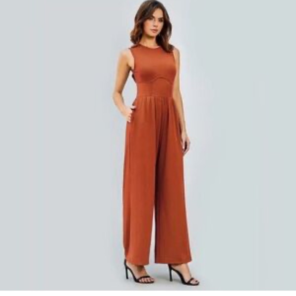 Cider Solid Sleeveless Rust Corset Waist Wide Leg Sleeveless Ribbed Jumpsuit S